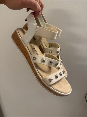 Anne Klein Cream and White Studded Cork Wedge Sandals